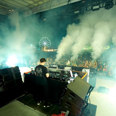 CO2 jets fire over the main stage on Duke Dumont's night at the first Pied Piper's Haunted Carnival, Armature Works, October 2021